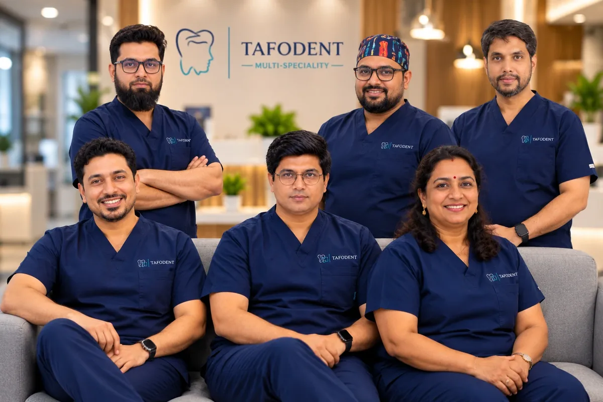 The Tafodent team of dentists and specialists in navy scrubs, gathered in the clinic reception